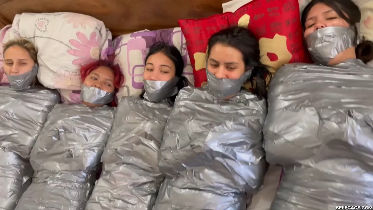 5 tape gagged girls in mummification bondage