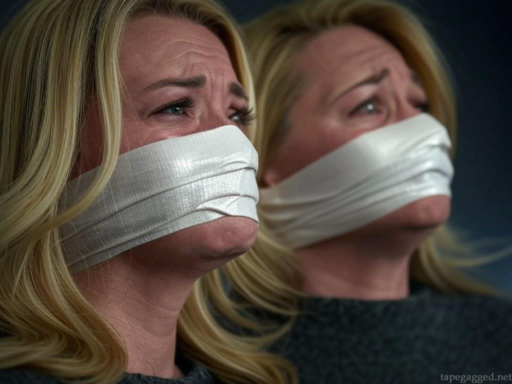 A blonde mother and her daughter sitting bound and gagged with white duct tape tightly wrapped around their mouths and noses, their eyes wide with fear and glistening as though on the verge of tears, illuminated by dim lighting in a tense and dramatic scene. 